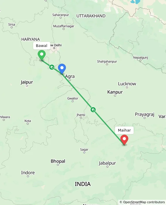 Route map showing distance and travel time from Bawal, India to Maihar, India