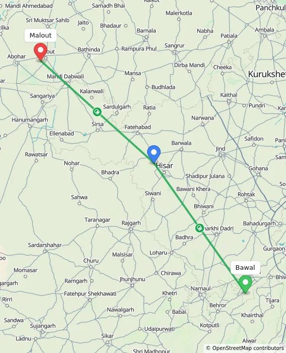 Route map showing distance and travel time from Bawal, India to Malout, India