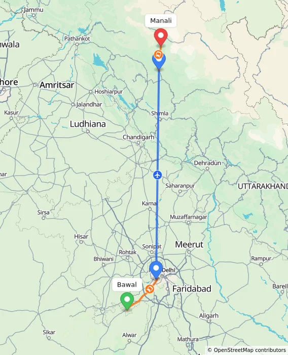 Route map showing distance and travel time from Bawal, India to Manali, India