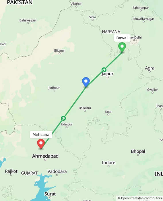 Route map showing distance and travel time from Bawal, India to Mehsana, India