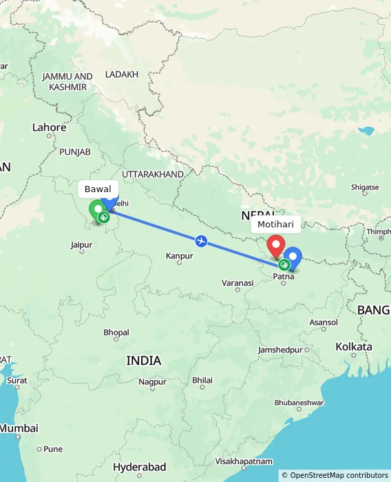 Route map showing distance and travel time from Bawal, India to Motihari, India