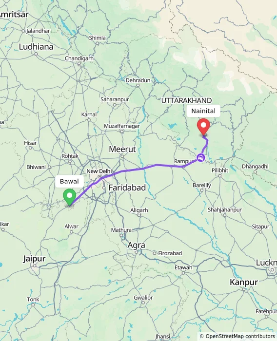 Route map showing distance and travel time from Bawal, India to Nainital, India