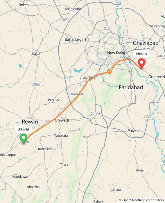 Route map showing distance and travel time from Bawal, India to Noida, India