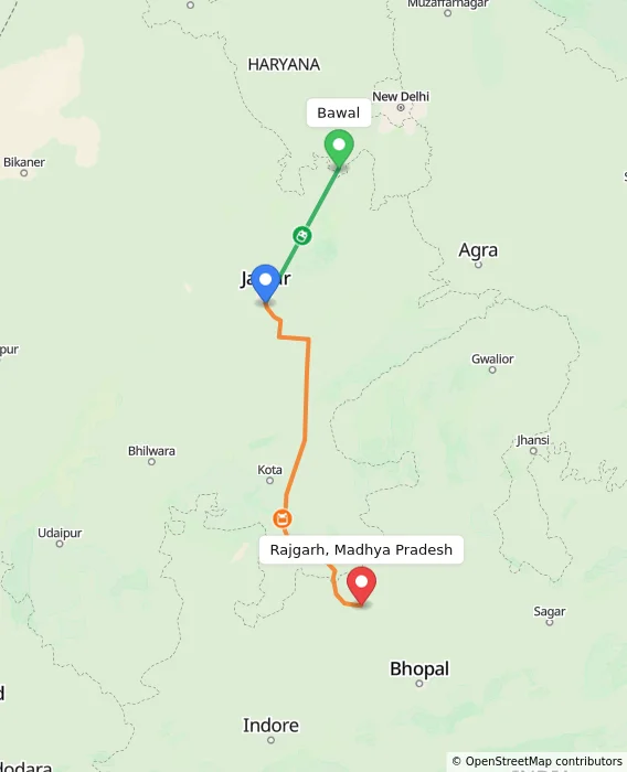 Route map showing distance and travel time from Bawal, India to Rajgarh, Madhya Pradesh, India