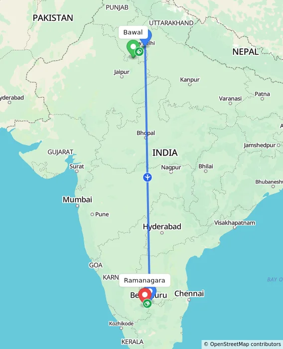 Route map showing distance and travel time from Bawal, India to Ramanagara, India