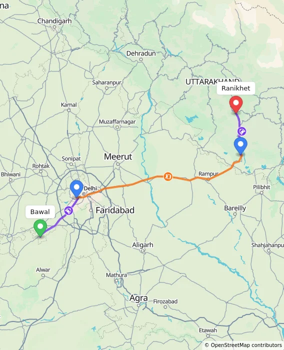 Route map showing distance and travel time from Bawal, India to Ranikhet, India