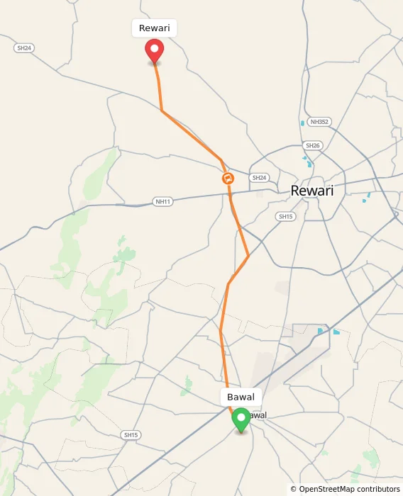 Route map showing distance and travel time from Bawal, India to Rewari, India