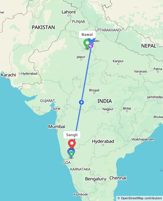 Route map showing distance and travel time from Bawal, India to Sangli, India
