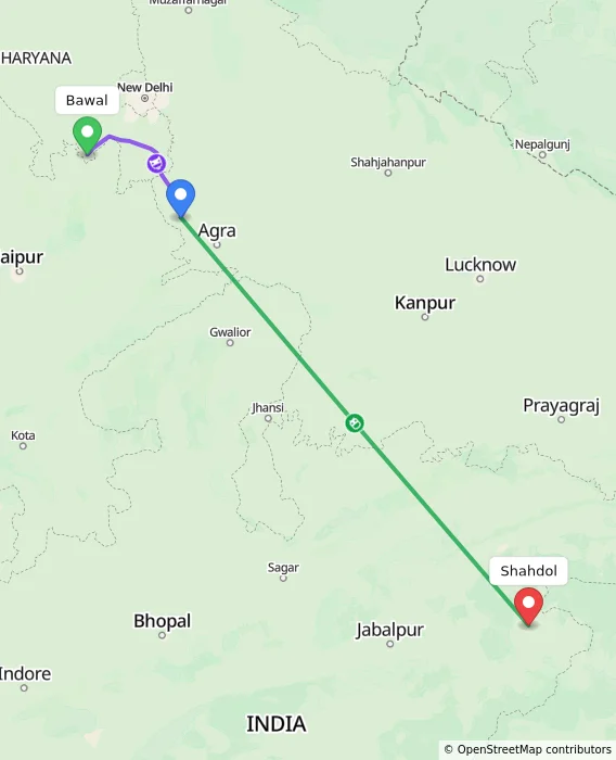 Route map showing distance and travel time from Bawal, India to Shahdol, India