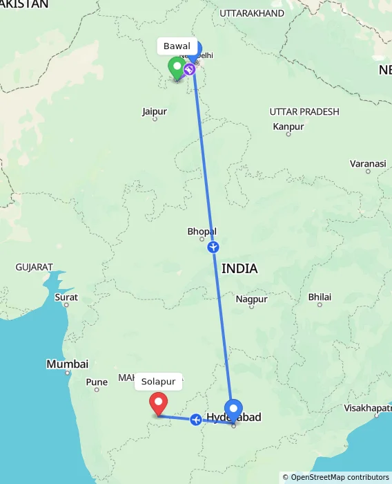 Route map showing distance and travel time from Bawal, India to Solapur, India