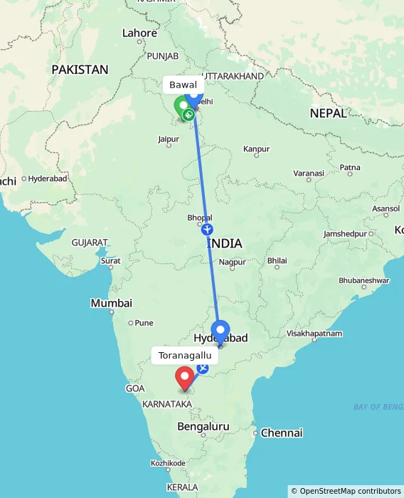 Route map showing distance and travel time from Bawal, India to Toranagallu, India