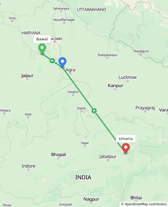 Route map showing distance and travel time from Bawal, India to Umaria, India