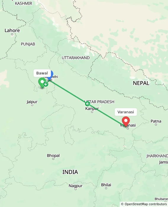 Route map showing distance and travel time from Bawal, India to Varanasi, India