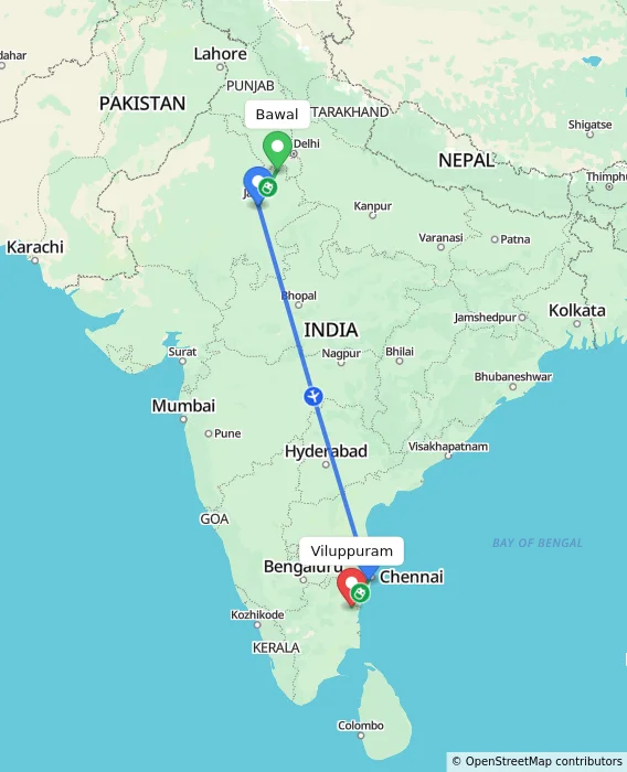 Route map showing distance and travel time from Bawal, India to Viluppuram, India