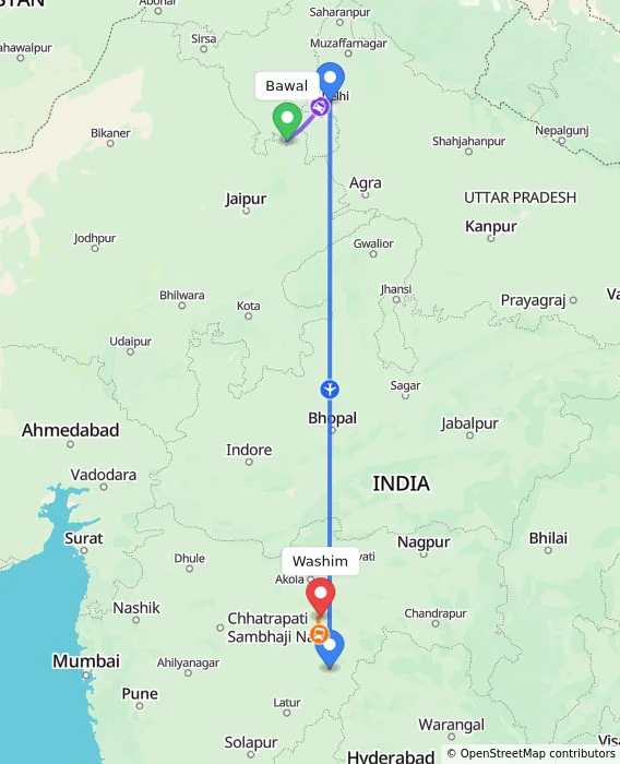 Route map showing distance and travel time from Bawal, India to Washim, India