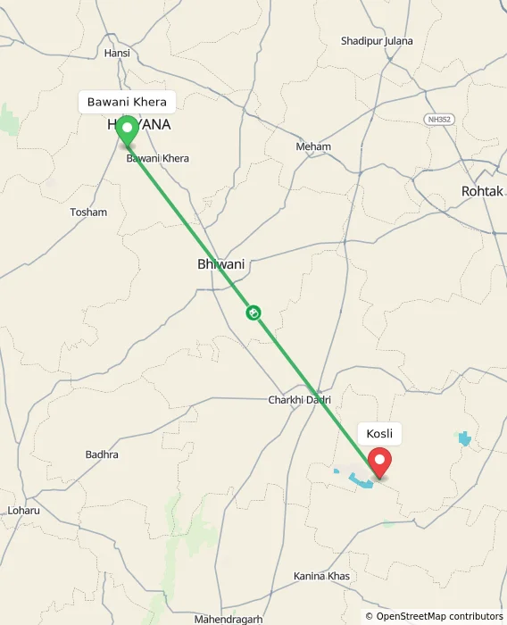 Route map showing distance and travel time from Bawani Khera, India to Kosli, India