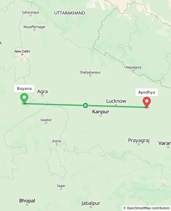 Route map showing distance and travel time from Bayana, India to Ayodhya, India