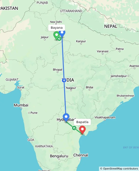 Route map showing distance and travel time from Bayana, India to Bapatla, India