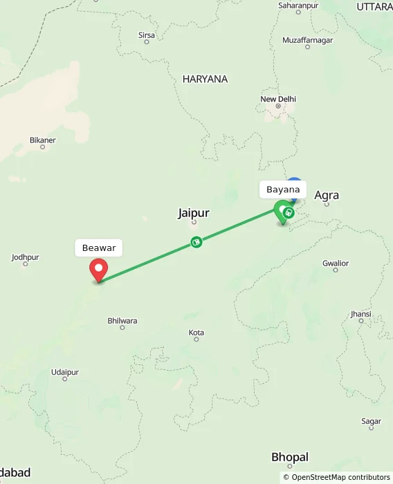 Route map showing distance and travel time from Bayana, India to Beawar, India