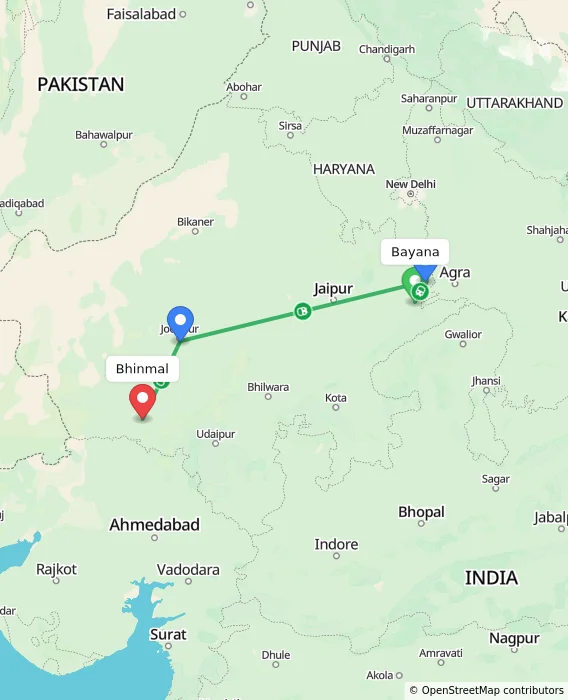 Route map showing distance and travel time from Bayana, India to Bhinmal, India
