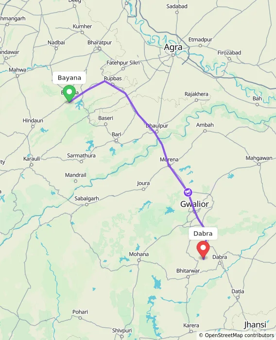Route map showing distance and travel time from Bayana, India to Dabra, India