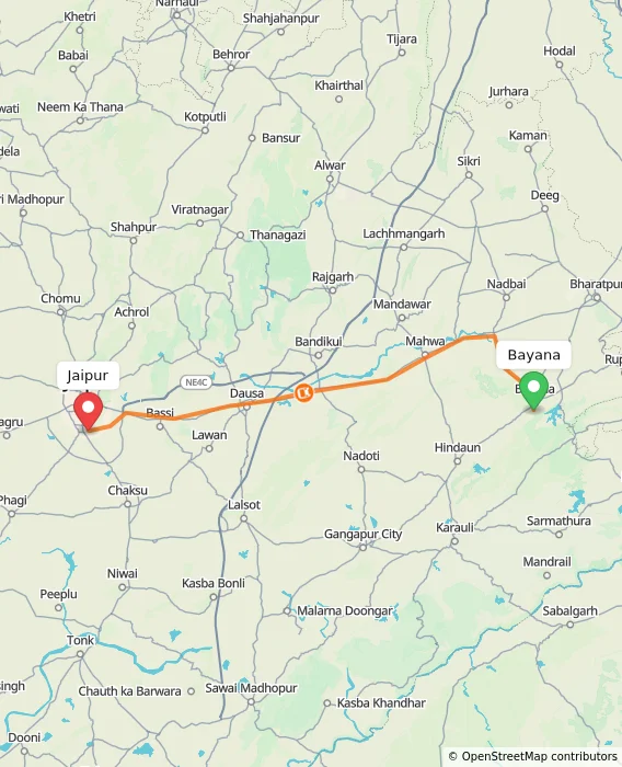Route map showing distance and travel time from Bayana, India to Jaipur, India