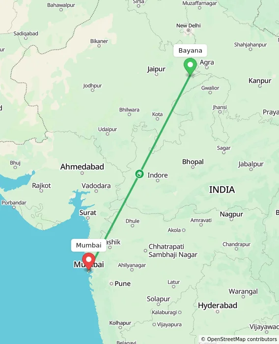 Route map showing distance and travel time from Bayana, India to Mumbai, India