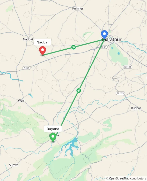 Route map showing distance and travel time from Bayana, India to Nadbai, India