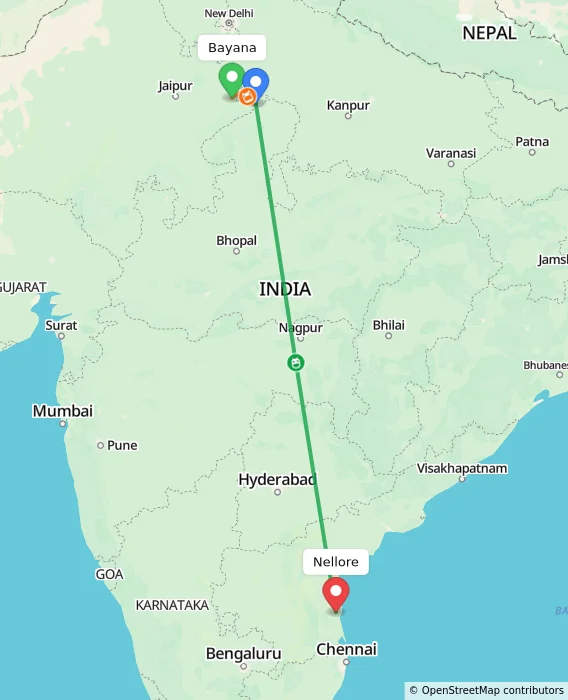 Route map showing distance and travel time from Bayana, India to Nellore, India