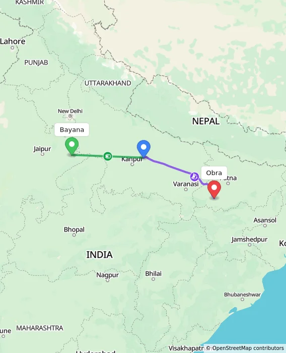 Route map showing distance and travel time from Bayana, India to Obra, India