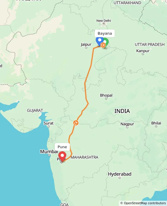 Route map showing distance and travel time from Bayana, India to Pune, India