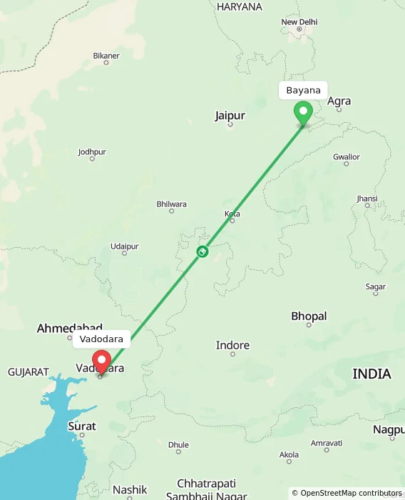 Route map showing distance and travel time from Bayana, India to Vadodara, India
