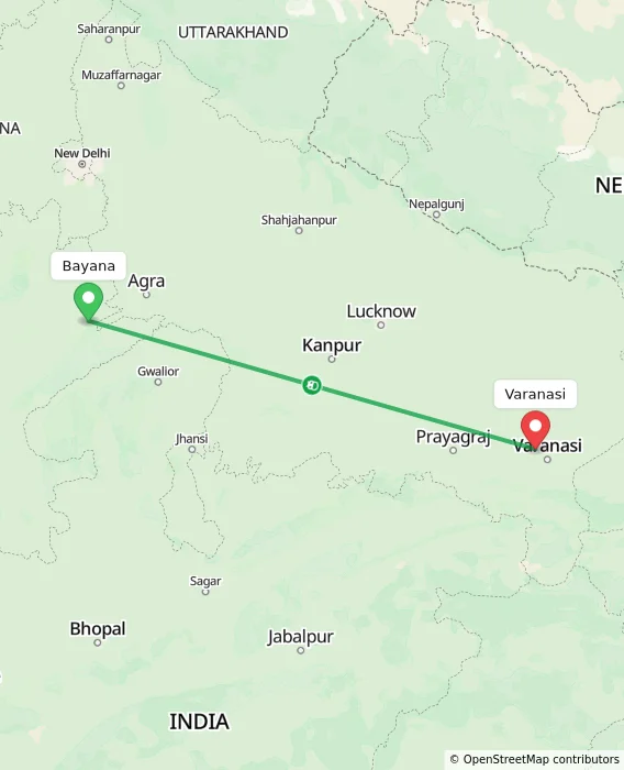 Route map showing distance and travel time from Bayana, India to Varanasi, India