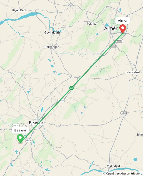 Route map showing distance and travel time from Beawar, India to Ajmer, India