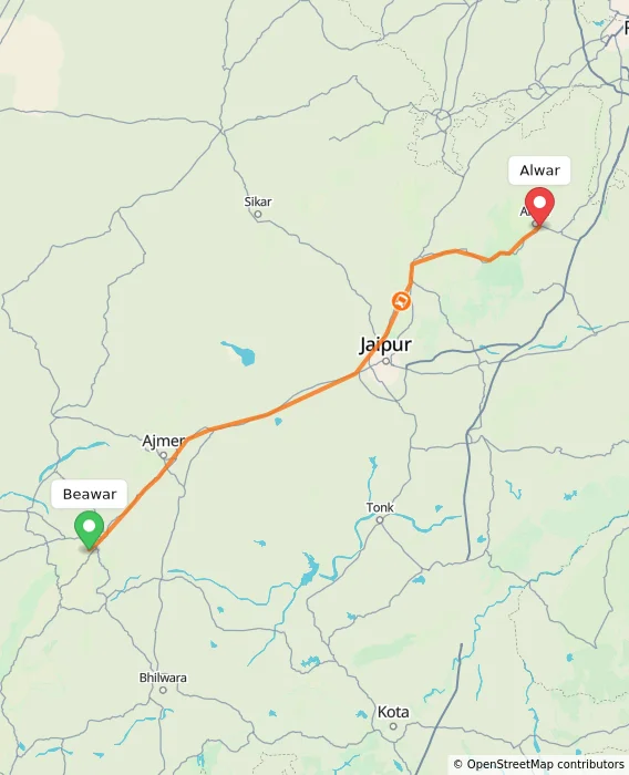 Route map showing distance and travel time from Beawar, India to Alwar, India