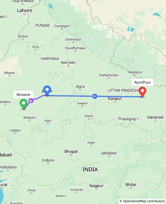 Route map showing distance and travel time from Beawar, India to Ayodhya, India