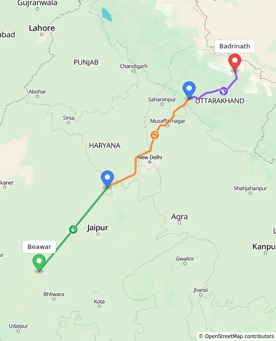 Route map showing distance and travel time from Beawar, India to Badrinath, India