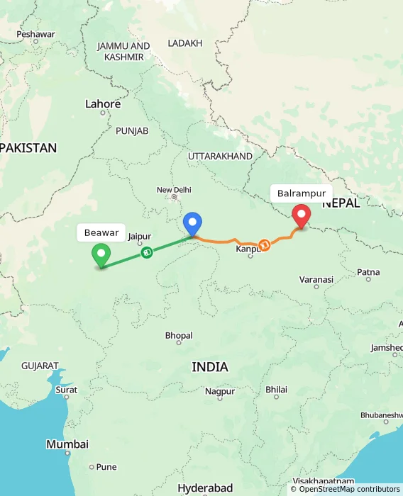 Route map showing distance and travel time from Beawar, India to Balrampur, India