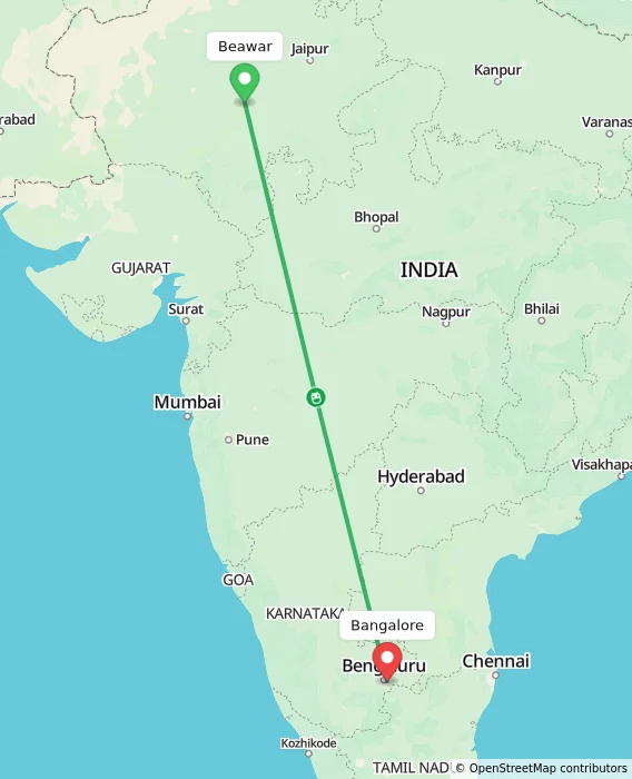 Route map showing distance and travel time from Beawar, India to Bangalore, India