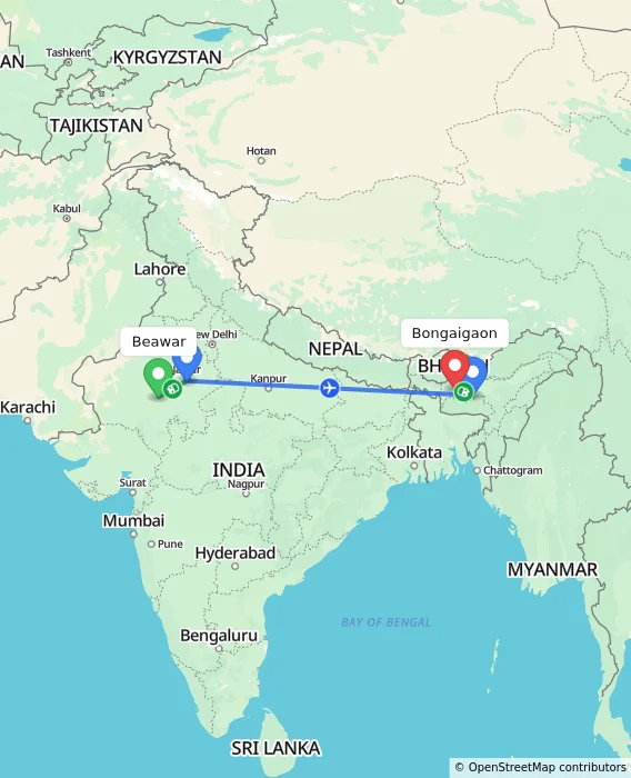 Route map showing distance and travel time from Beawar, India to Bongaigaon, India