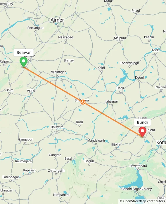 Route map showing distance and travel time from Beawar, India to Bundi, India