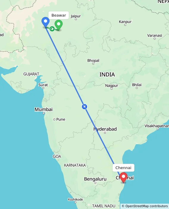 Route map showing distance and travel time from Beawar, India to Chennai, India