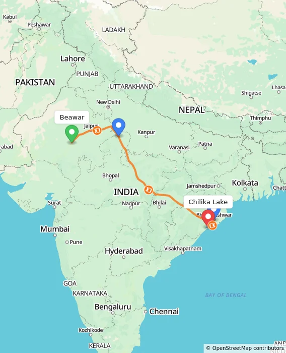 Route map showing distance and travel time from Beawar, India to Chilika Lake, India