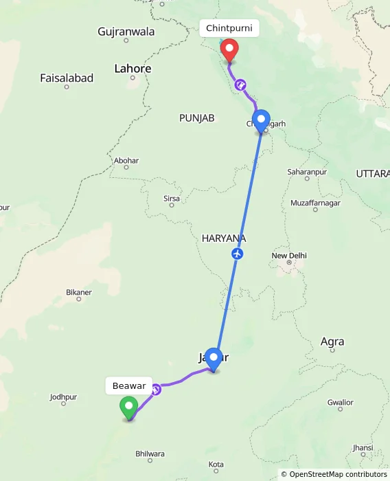 Route map showing distance and travel time from Beawar, India to Chintpurni, India