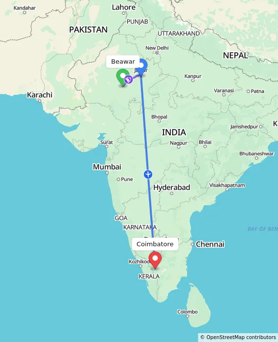 Route map showing distance and travel time from Beawar, India to Coimbatore, India