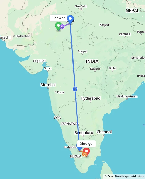 Route map showing distance and travel time from Beawar, India to Dindigul, India