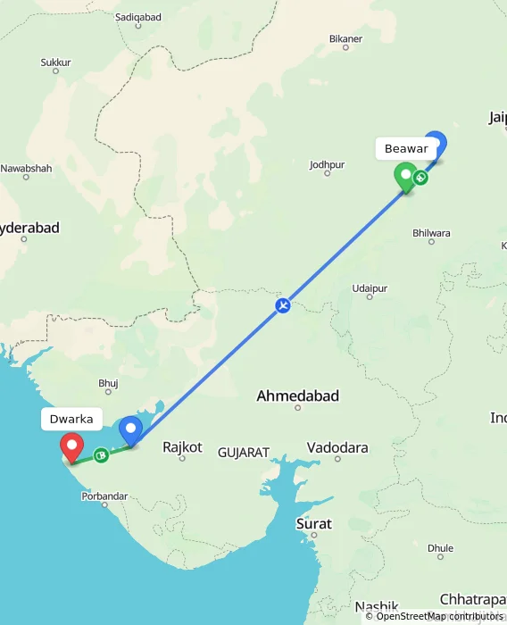 Route map showing distance and travel time from Beawar, India to Dwarka, India