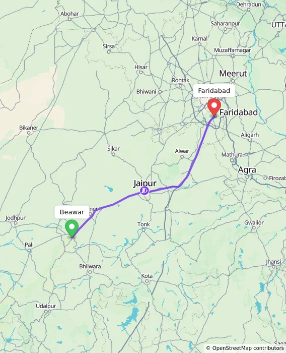 Route map showing distance and travel time from Beawar, India to Faridabad, India