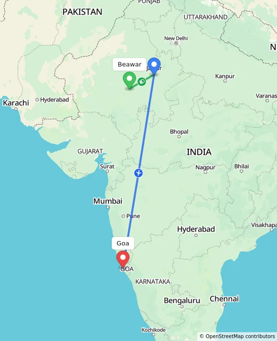 Route map showing distance and travel time from Beawar, India to Goa, India