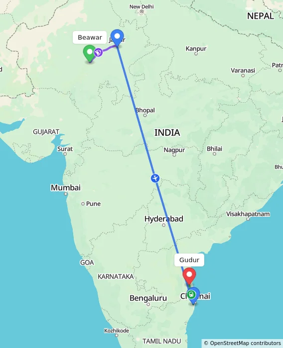 Route map showing distance and travel time from Beawar, India to Gudur, India
